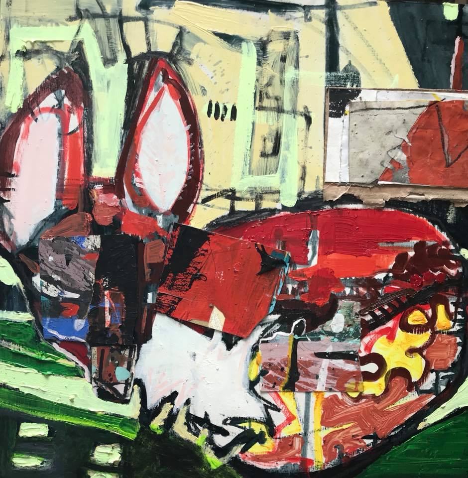 Mixed media artwork titled Dens and Dumpsters by Gregory J. Rose