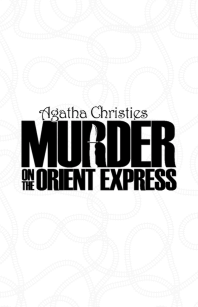 Black and white logo for Agatha Christie's Murder on the Orient Express, with the word 'Murder' in large bold letters featuring a silhouette of a knife as the letter R.