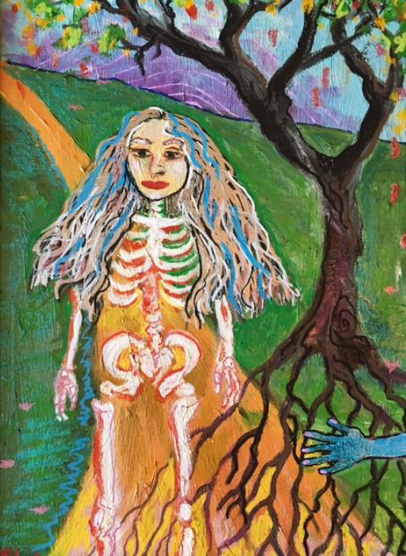 Colorful, expressive painting of a woman standing in a landscape, with her skeletal structure illustrated over her body. A tree with exposed roots appears beside her, and a hand reaches in from the side, with bright, stylized hills and sky in the background.