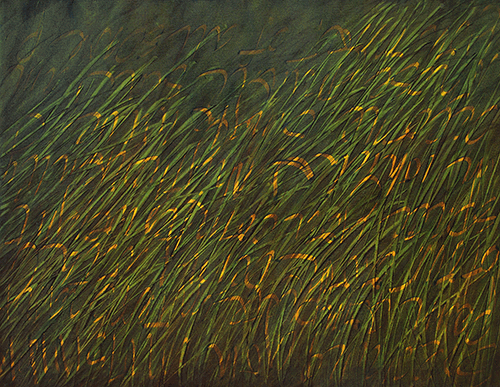 Close-up of tall grass bending in the wind, with green and golden tones creating a textured, flowing pattern across the scene.