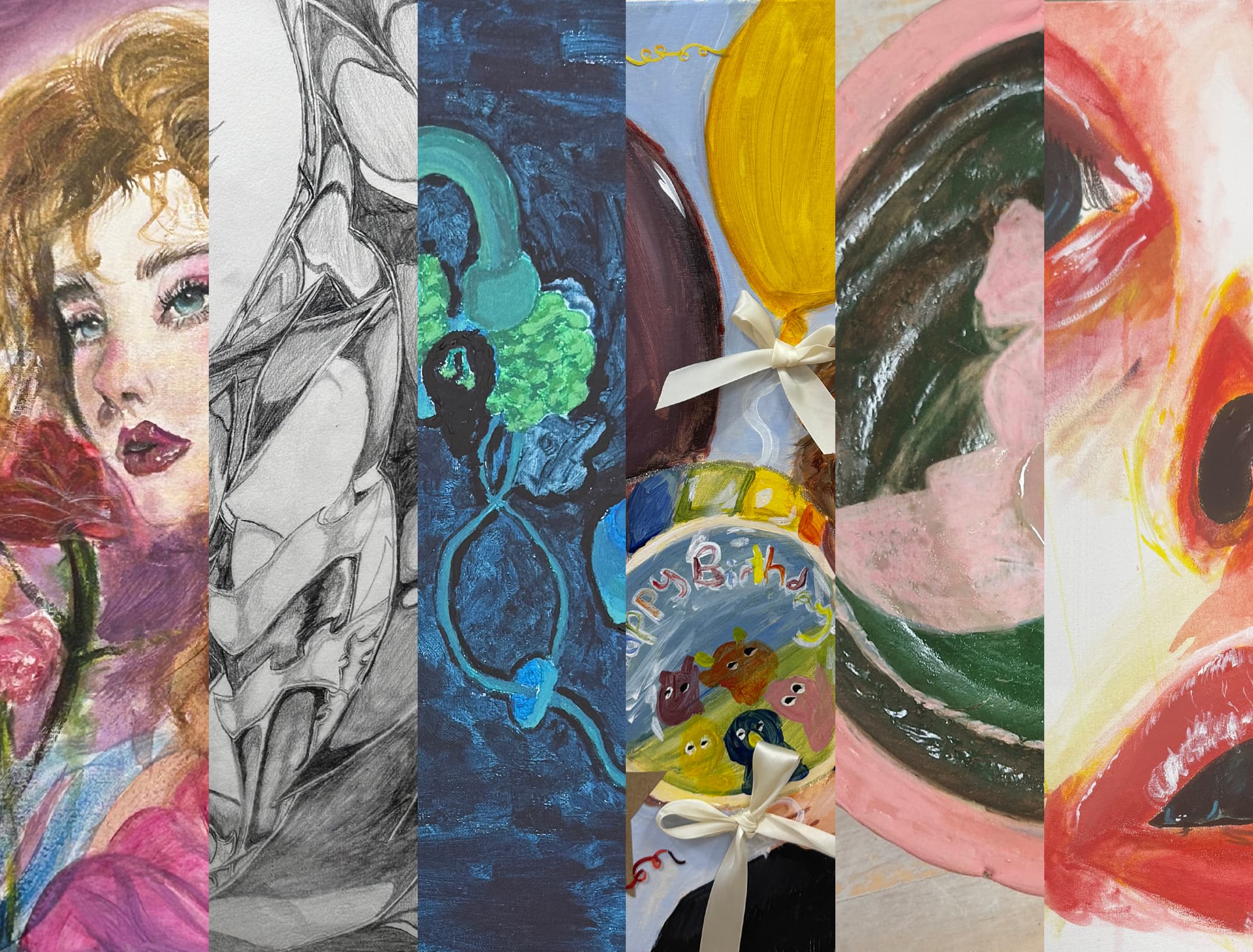Collage of diverse student artwork including portraits, drawings, and paintings