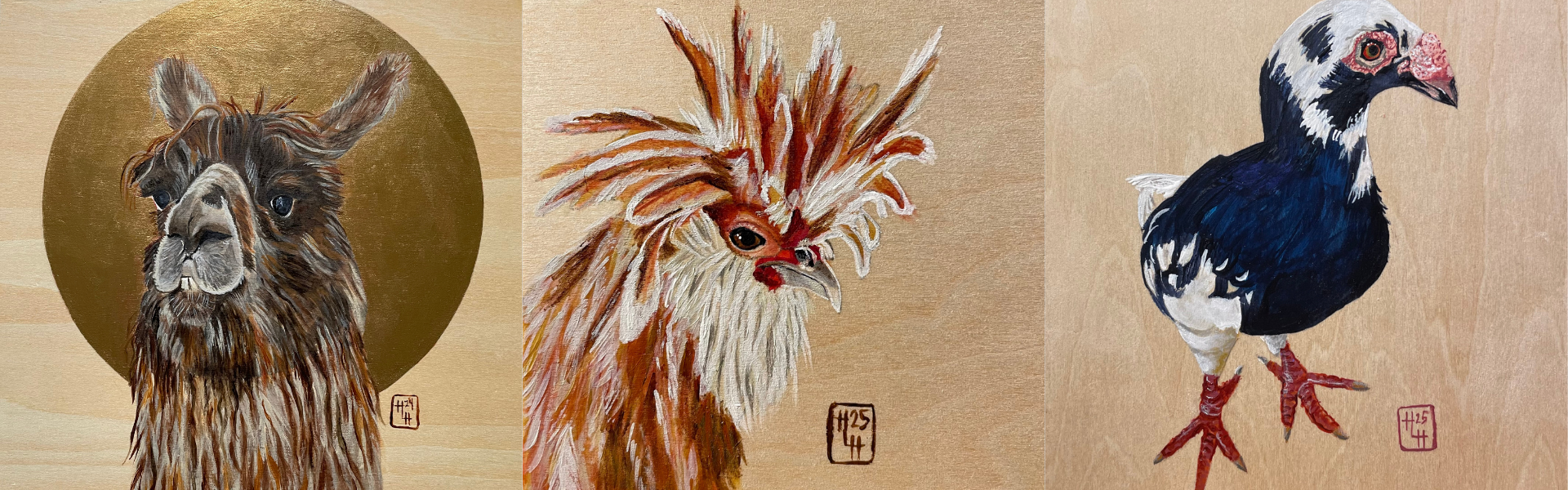 Triptych-style artwork showing three painted animals on wood panels: a llama with a gold halo-like circle behind its head, a crested chicken in profile with textured feathers, and a black-and-white duck standing upright, each on a light wood background.