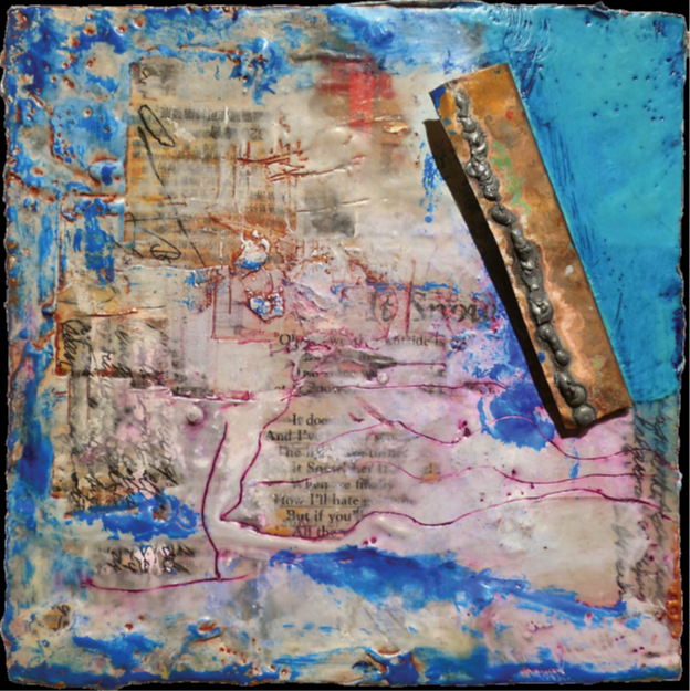 Abstract mixed media artwork featuring layered textures, paint, and collage elements, with blue and neutral tones, faint text, and a raised metal strip with a bead-like pattern attached to the surface.