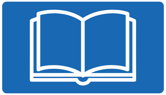 White outline of an open book on a blue background