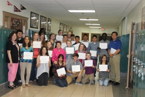 Bonnie Rietz of The Hormel Foundation awarded Cycles for Success scholarships as part of Austin High’s 2013 Scholarship Ceremony at Austin High School’s Christgau Hall May 23. Front row kneeling (L to R): Samantha Haynes, Maria Marceleno Morales, Garrin Loveland, Kyle Sellers, Jesica Alfaro Hernandez Middle Row behind kneelers (L to R): Samantha Joblinske, Bonnie Rietz ofThe Hormel Foundation, Jocelyn Sheehan, Taylor Bellrichard First row standing (L to R): Danielle Heiny, Riverland, Diego Rubio, Evolett Lopez Gonzalez, Katelyn Klapperich, Caitlyn Bankes, Jessica Stundahl, Emily Jensen, Nick Ross, Rey Hernandez Hernandez, Eduardo Becerra Sanchez, Francisco Torres, Abunyani Lual, Miguel Garate, Riverland  Back Row (L to R): Nyachang Monykuany, Sam Deyo, Jacob Stark 